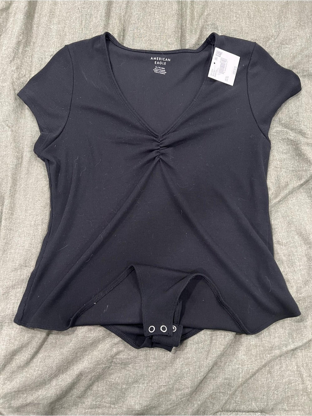 American Eagle Outfitters Black Ribbed V-Neck Short Sleeve Bodysuit